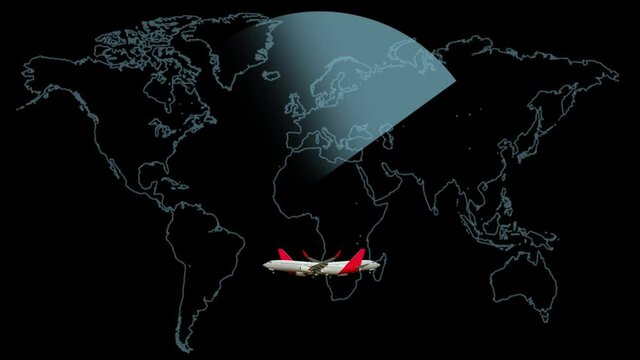 International flight travel 3d animation concept showing airplanes flying in patterns over a world map and radar screen 