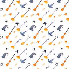 Halloween Brooms and Hats seamless pattern. Witch and sorceress objects watercolor illustration. Purple blue artwork. Art celebration november october wallpaper. 