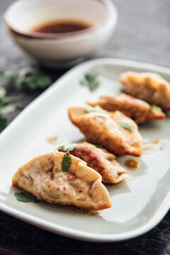 Food: japanese (inspired) gyoza ravioli with vegetable quinoa filling,vegan