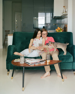 Couple with phone and cat on sofa