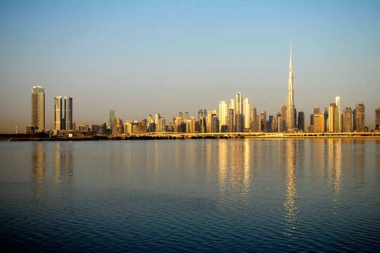 Sunrise over a skyline of a beautiful city of Dubai. Shot made in Jadaf area of the city. UAE.