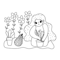 happy garden, girl with hairstyle floral planting plants in pot flowers fruit, line icon style