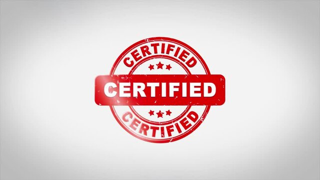 Certified Signed Stamping Text Wooden Stamp Animation. Red Ink on Clean White Paper Surface Background with Green matte Background Included.