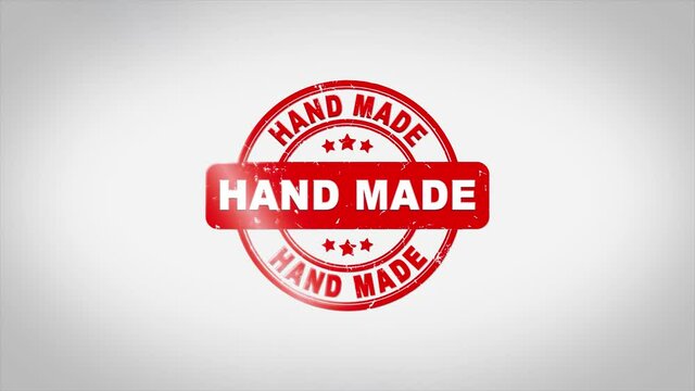 Hand Made Signed Stamping Text Wooden Stamp Animation. Red Ink on Clean White Paper Surface Background with Green matte Background Included.