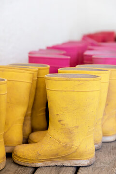 A row of bright yellow and pink rain boats hang above a bench