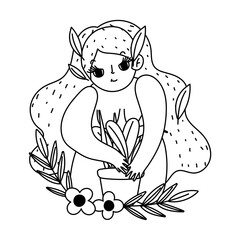 happy garden, girl planting plant in pot flowers foliage, line icon style