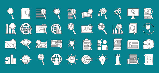 search icons, magnifying glass research internet pictogram set thin line style