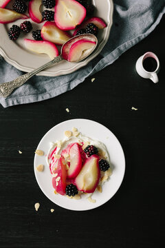 Breakfast blackberry poached pears with mascarpone and toasted a