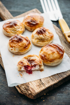 Food: Little puff pastry tarlets with goat cheese and lingonberr