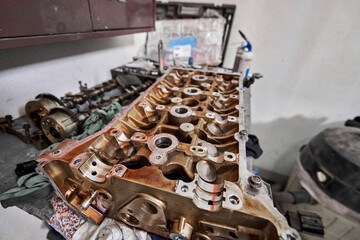 Disassemble engine block vehicle. Motor capital repair. Sixteen valve and four cylinder. Car...