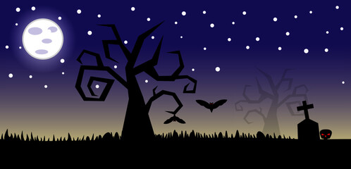 halloween night scene. Halloween night background with bats. A Halloween poster with graveyard.