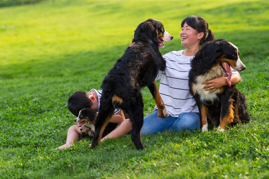 little asian boy holding his puppy sitting with his mother on th
