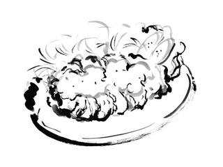 手描きのタルタルソースがかかったチキン南蛮のイラスト素材　モノクロ線画