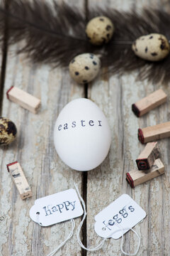 Easter eggs on rustic wood surface