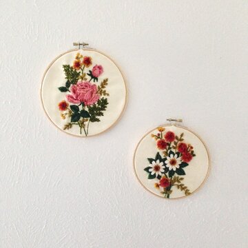 Floral Embroidery Hanging on White Wall