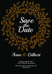 Wedding invitation card with golden leaves wreath border on black background. Wedding ornamental card template. Vector decorative greeting card or invitation design background