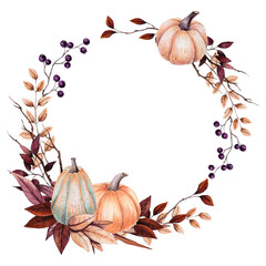 Round Watercolor Wreath with Pumpkins
