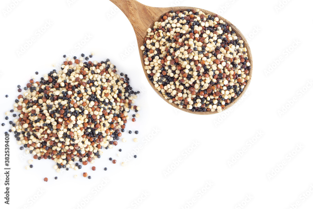 Poster Quinoa in wooden spoon isolated on white background, health care concept