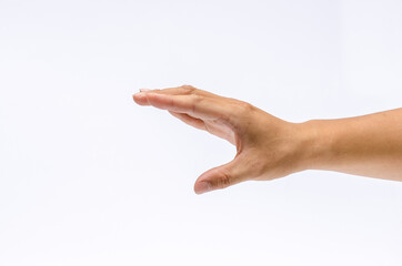 Close up of hand with hoding something. Isolated on white background.