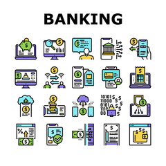 Online Banking Finance Collection Icons Set Vector. Online Banking Payment And Bank Account, Electronic Money And Wallet, Purchase Report Discharge Concept Linear Pictograms. Contour Illustrations