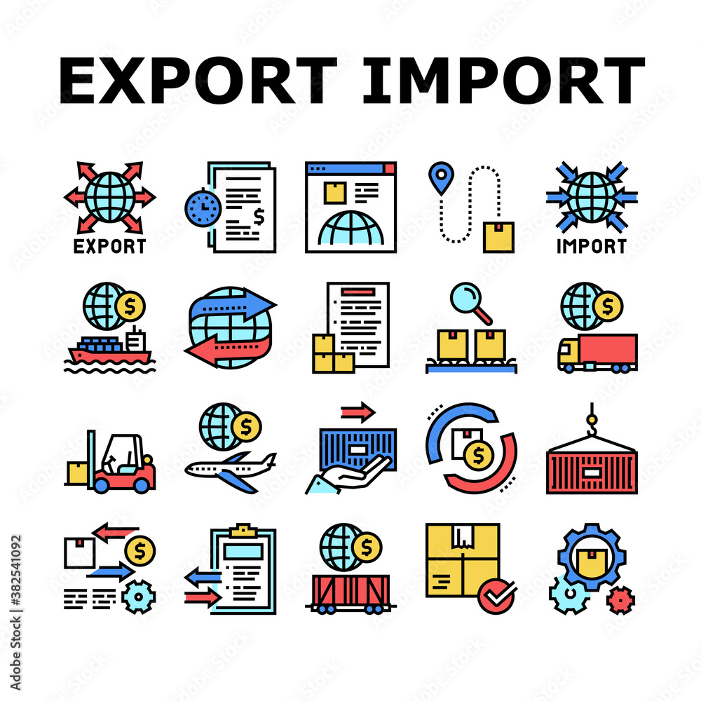 Poster export import logistic collection icons set vector. export and import airplane and truck, train and 