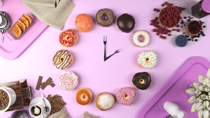 Donuts time. Donuts set up as clocks against a pink background. 3D rendering