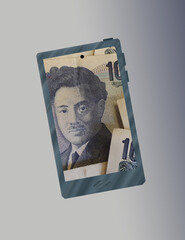 illustration for mobile technology themes in economics and finance with japanese money