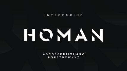 Futuristic modern techno sci fi bold display stencil font, abstract geometric clean monospaced letter set homan typeface