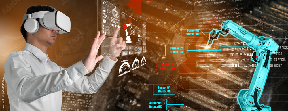 Poster engineer controls robotic arms by augmented reality industry technology application software. smart 