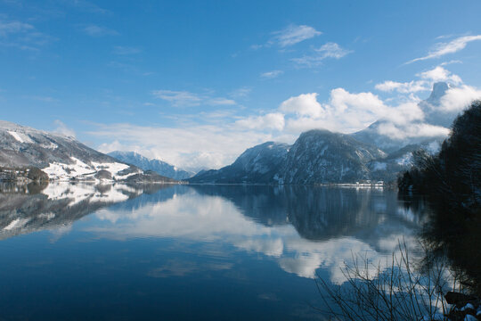 Winter landscape with mountain Schafberg near Mondsee, Salzburg, austria
