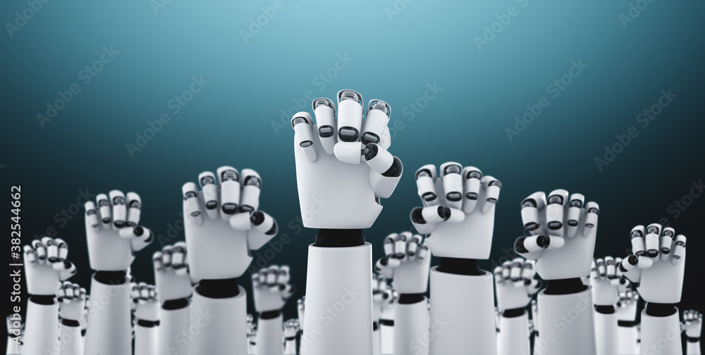 Poster robot humanoid hands up to celebrate success achieved by using ai artificial intelligence thinking a