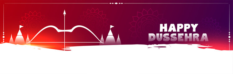Happy dussehra celebration banner with bow and arrow temple vector