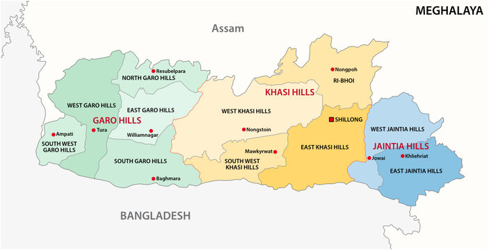 Meghalaya administrative and political vector map, India