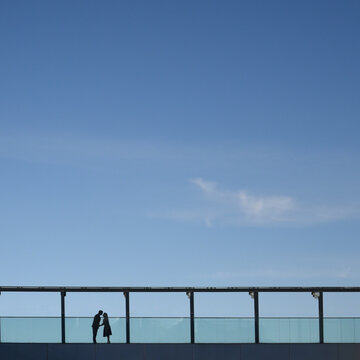 Silhouette of couple kissing on a bridge