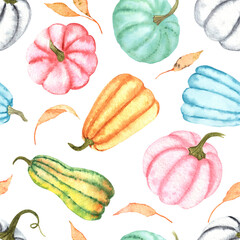 Watercolor autumn seamless pattern with colorful pumpkins and yellow leaves on a white background. For Wallpaper, textiles, wrapping paper, scrapbooking, invitations, greetings, greeting cards.