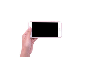 woman hand using white phone with isolated screen.