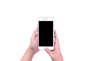 woman hand using white phone with isolated screen.