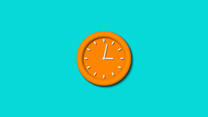 Amazing orange color 3d wall clock isolated on cyan background,12 hours wall clock