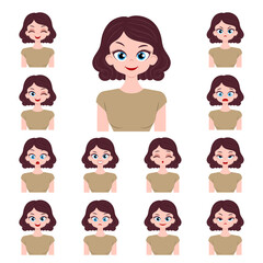 Set of different facial expressions of attractive young woman isolated on white background