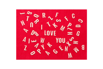 Many letters  leather mixed, with I Love You alphabet in the center on red background in white frame,I love you concept.