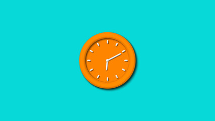 Amazing orange color 3d wall clock isolated on cyan background,12 hours wall clock