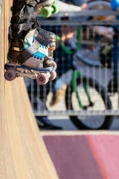 Detail of inline skates in skatepark