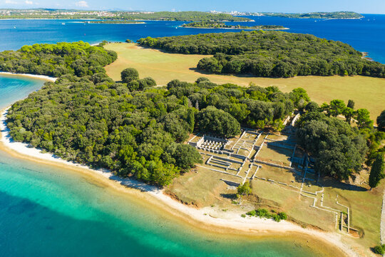 Aerial view of the Verige Bay with the ruins of Roman villa in Brijuni National Park