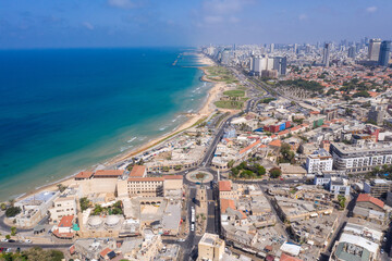 Naklejka premium Tel Aviv skyline seen from Old Jaffa, Aerial view.