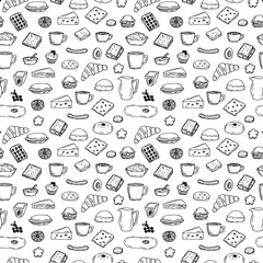 Seamless pattern hot Breakfast popular products, vector illustration, hand drawing