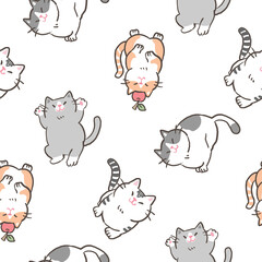 Seamless Pattern with Cute Cartoon Cat Illustration on White Background