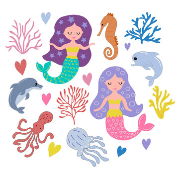 Set of cute mermaids, corals, dolphins, octopuses on a white background, in vector graphics. For the design of postcards, posters, childrens clothing, covers, wrapping paper, textiles