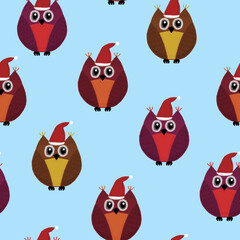 Christmas seamless pattern with owls on a blue background