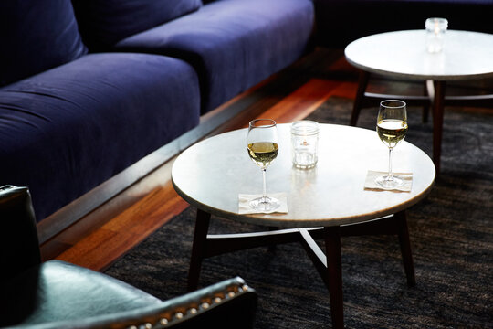 Wine glasses in empty cocktail lounge