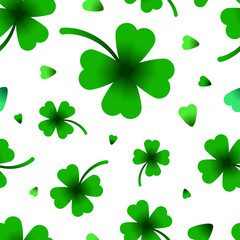 Fototapeta premium Four leaf shamrock symbol of Irish beer festival St. Patrick's day vector seamless pattern. Lucky clover background. Abstract texture for wrapping, wallpaper, textile, leaflet. Vegetal backdrop.